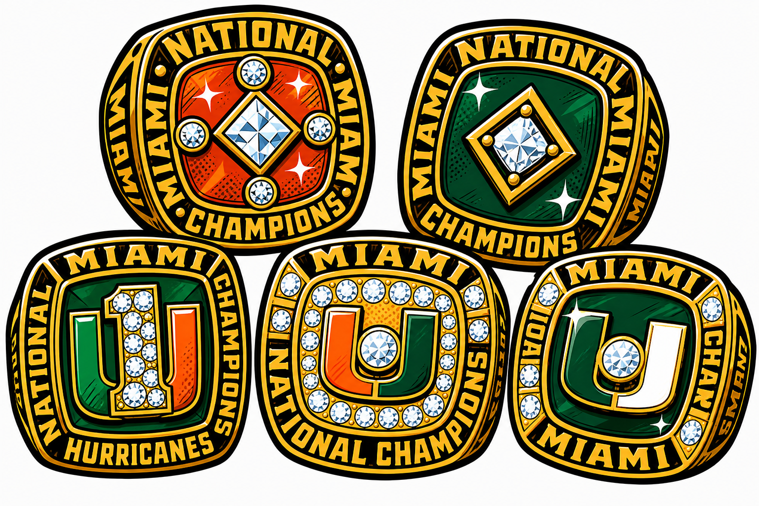 Cartoon illustration of five Miami Hurricanes championship rings