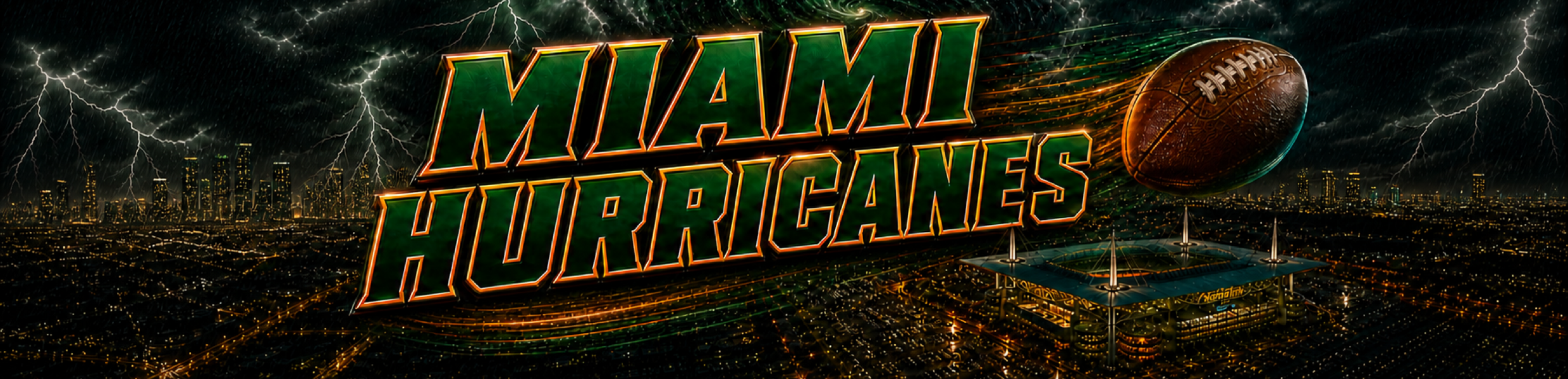 Miami Hurricanes football over the Miami skyline and Hard Rock Stadium
